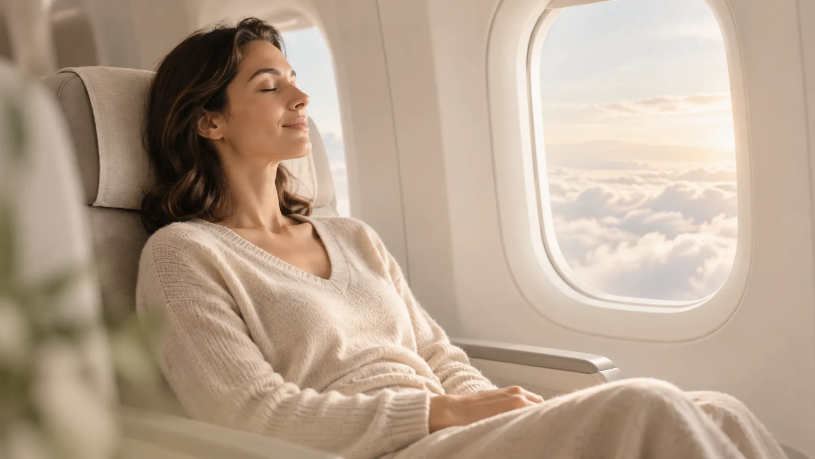 Passagère détendue près du hublot d'un avion, peur de l'avion et claustrophobie, cabinet Hypnozen près de Charleroi