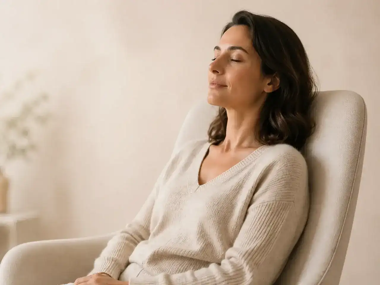 Personne en séance d'hypnose, dans un fauteuil clair, expression apaisée — cabinet Hypnozen à Tarcienne