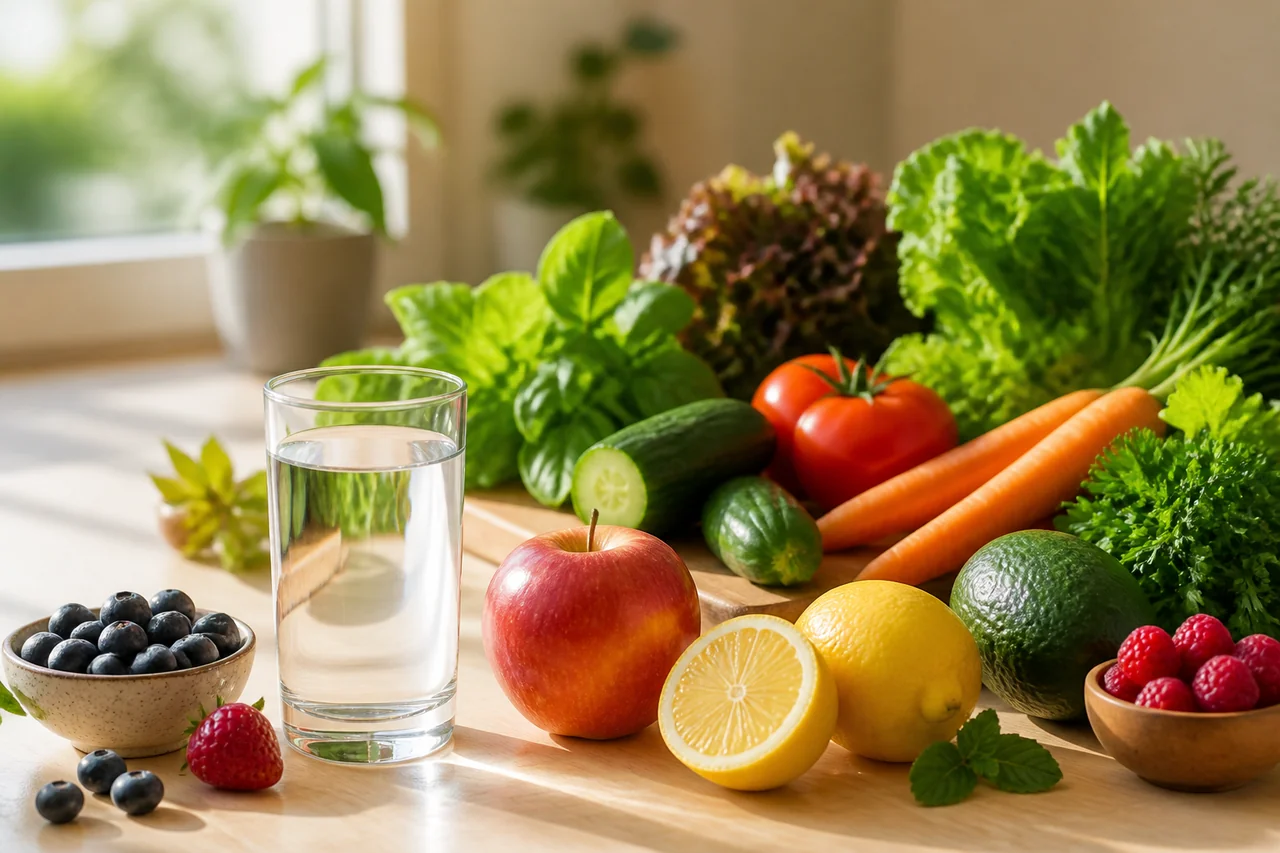 Légumes et fruits frais avec un verre d'eau, lumière naturelle — hypnose et comportement alimentaire, cabinet Hypnozen près de Charleroi