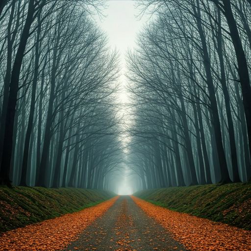 Vue surplombante d'une forêt de sapins dans la brume matinale, teintes vertes et grises douces
