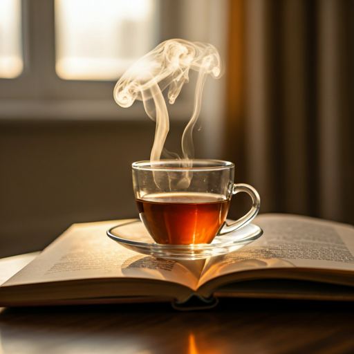 Tasse de tisane fumante sur un livre ouvert, lumière matinale, ambiance apaisante